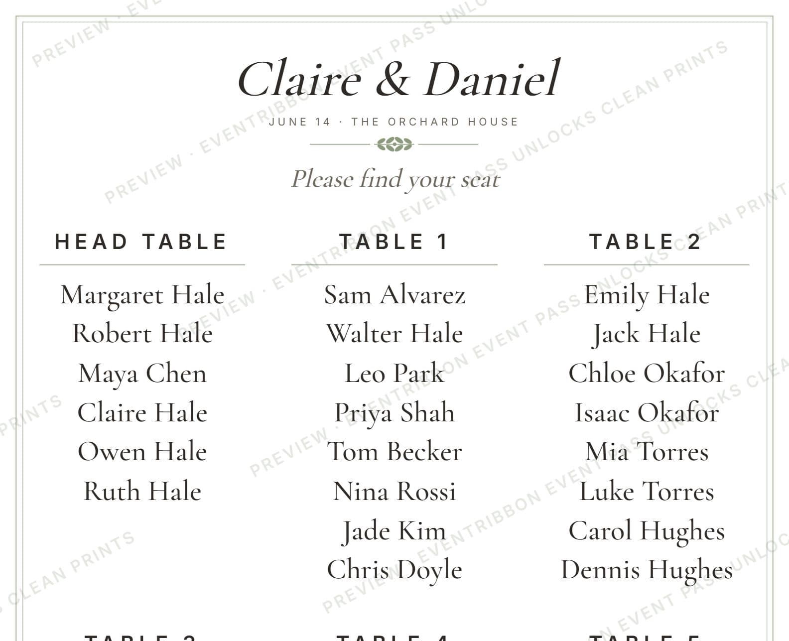 A seating chart poster preview made in EventRibbon, listing guests under Head Table, Table 1 and Table 2, with the free-preview watermark (sample guest names).